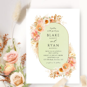 Elegant Green, Peach Blush and Cream Oval Wedding Invitation