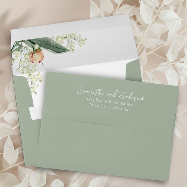 Elegant Green Peach Floral Custom Wedding Envelope (Peach and green floral custom envelope.)