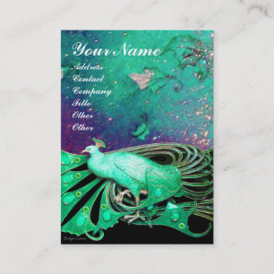 ELEGANT GREEN PEACOCK,LEAVES AND FLORAL SPARKLES BUSINESS CARD