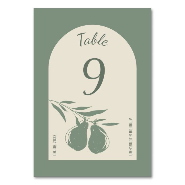 Elegant Green Pear Wedding Table Number (Front)