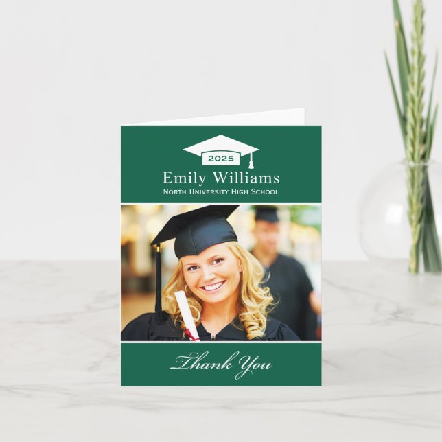Elegant Green Personalised Graduation Photo Thank You Card (Front)