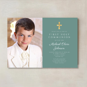 Elegant Green Photo Boy First Communion Invitation
