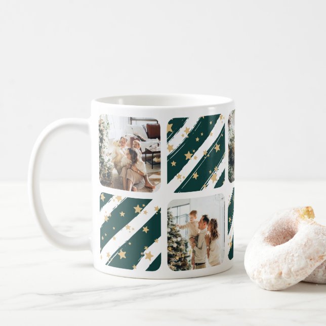 Elegant Green Photo Collage Christmas Holiday Coffee Mug (With Donut)