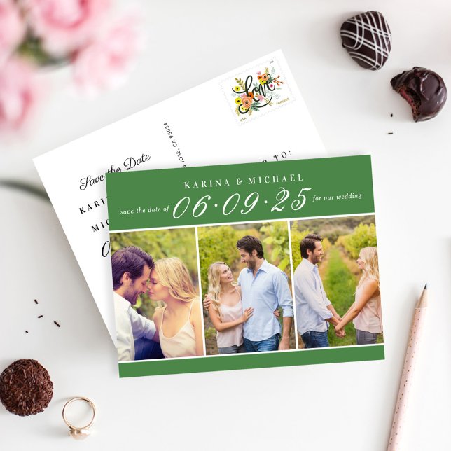 Elegant Green Photo Collage Wedding Save the Date Announcement Postcard (Creator Uploaded)