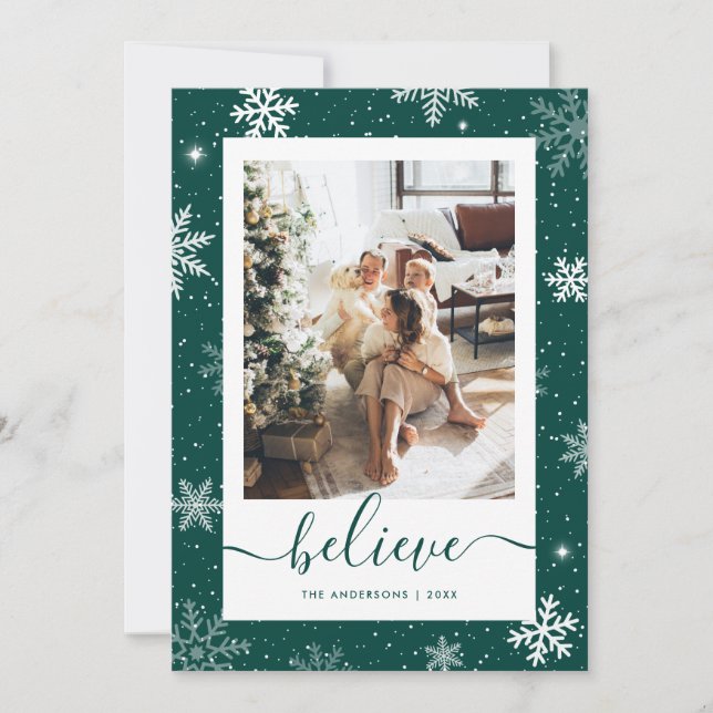 Elegant Green Photo Snowflake Believe Holiday Card (Front)