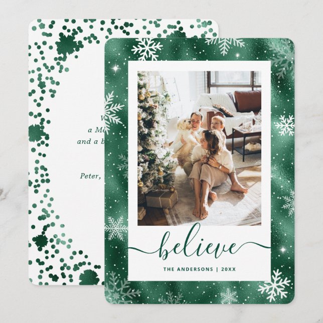 Elegant Green Photo Snowflake Holiday Card (Front/Back)
