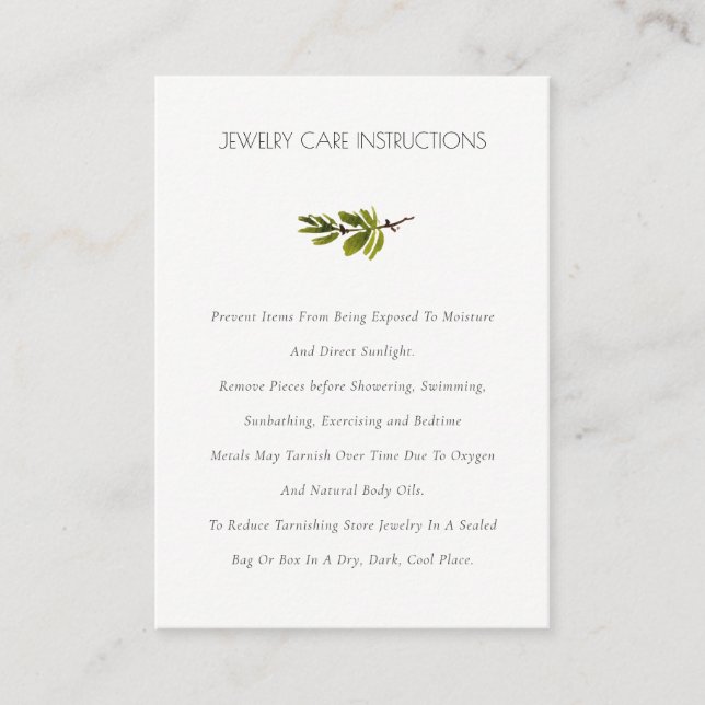 Elegant Green Pine Branch Foliage Jewellery Care Business Card (Front)