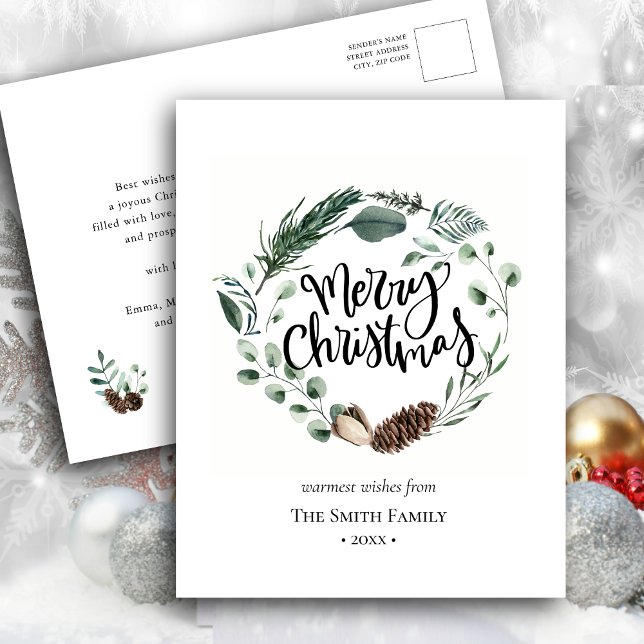 Elegant Green Pine Cone Foliage Wreath Watercolor Holiday Postcard (Creator Uploaded)