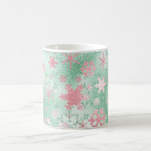 Elegant Green & Pink Christmas Snowflake Pattern Coffee Mug