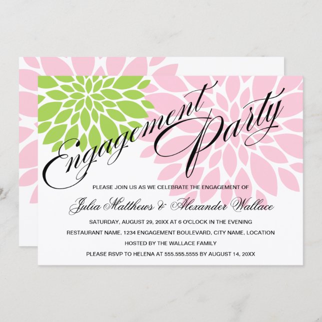 Elegant Green Pink Floral Burst Engagement Party Invitation (Front/Back)