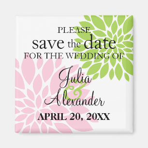 Elegant Green Pink Floral Burst Save The Date Magnet