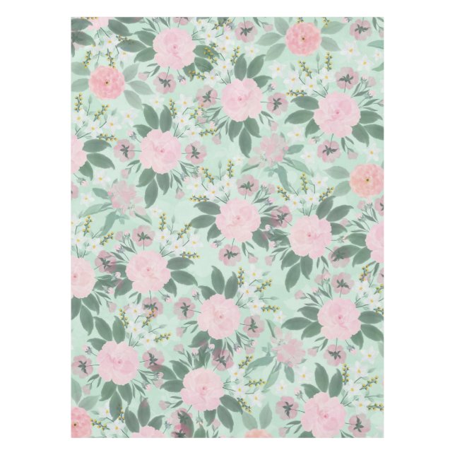 Elegant Green Pink Floral Watercolor Painting Tablecloth (Front)