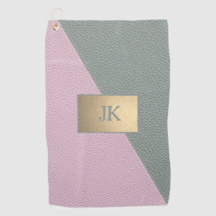 Elegant Green Pink Leather Monogram   Golf Towel