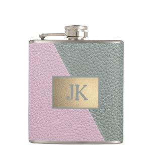 Elegant Green Pink Leather Monogram   Hip Flask