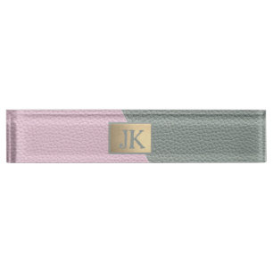 Elegant Green Pink Leather Monogram   Nameplate