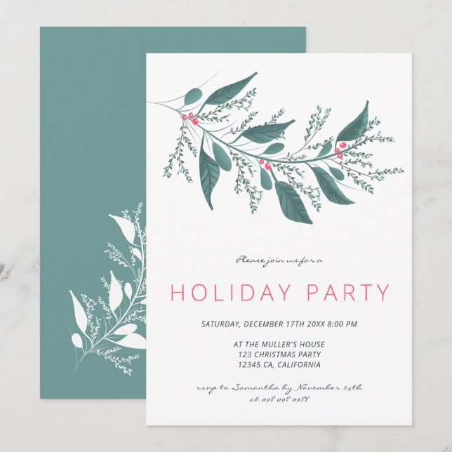 Elegant green pink mistletoe branch Holiday party Invitation (Front/Back)
