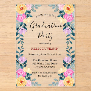 Elegant Green Pink Spring Floral Graduation Acrylic Invitations