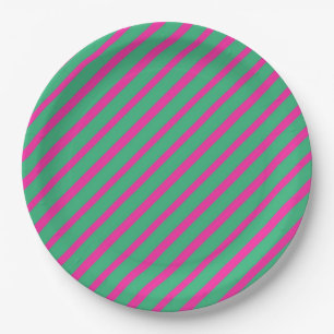 Elegant Green & Pink Striped Girly Retro Vintage Paper Plate