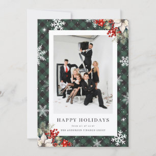 Elegant Green Plaid Botanical Photo Business Holiday Card