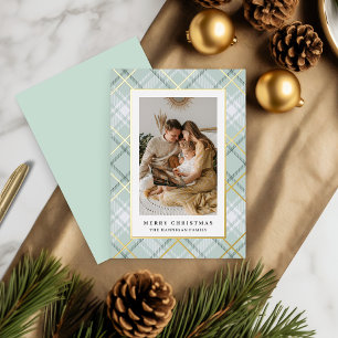 Elegant Green Plaid Family Picture Foil Holiday Card