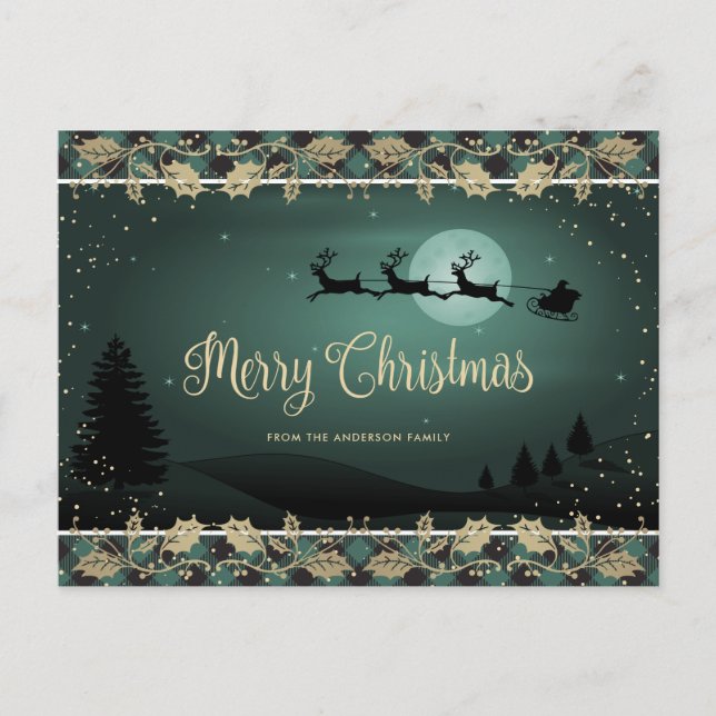 Elegant Green Plaid Holly Santa Reindeer Christmas Holiday Postcard (Front)