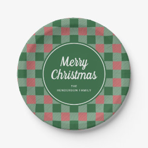 Elegant Green Plaid Merry Christmas Paper Plate