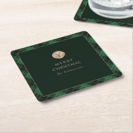Elegant Green Plaid Merry Christmas  Square Paper Coaster