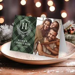 Elegant Green Plaid Monogram Photo Christmas Holiday Card