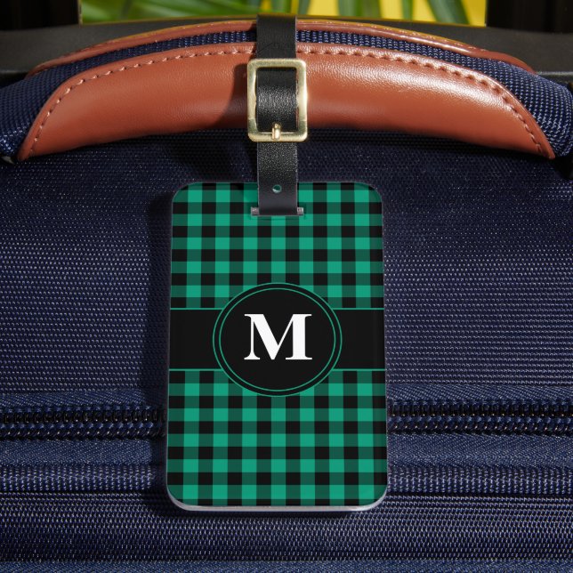Elegant Green Plaid Pattern Monogram Luggage Tag (Front Insitu 2)