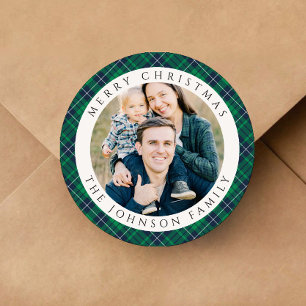 Elegant Green Plaid Photo Christmas Classic Round Sticker