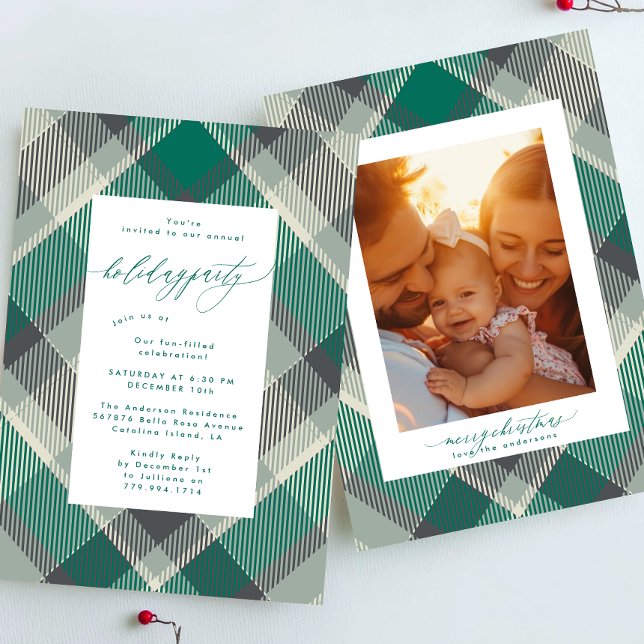 Elegant Green Plaid Photo Christmas Holiday Party Invitation (Creator Uploaded)