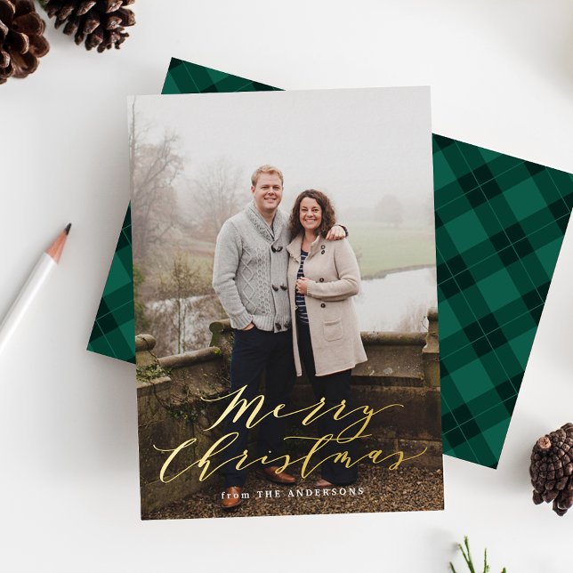 Elegant Green Plaid Photo Foil Holiday Card (Creator Uploaded)