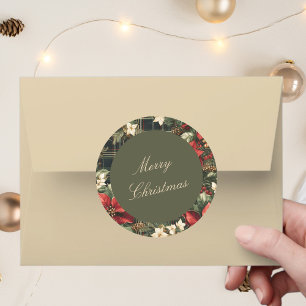 Elegant Green Plaid Poinsettias Merry Christmas Classic Round Sticker