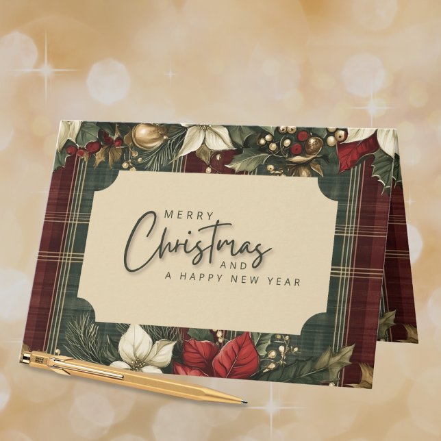 Elegant Green Plaid Red Poinsettia Merry Christmas Holiday Card (Creator Uploaded)