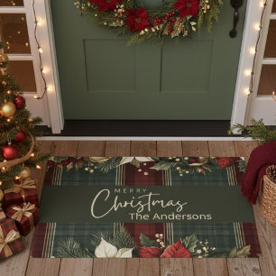 Elegant Green Plaid Red Poinsettia Name Christmas Doormat