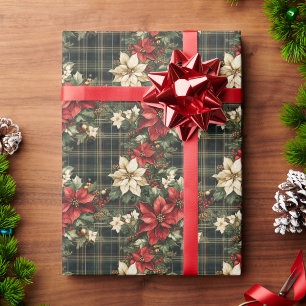 Elegant Green Plaid Red Poinsettias Christmas Wrapping Paper