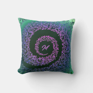 Elegant Green & Purple Damask Monogram Cushion