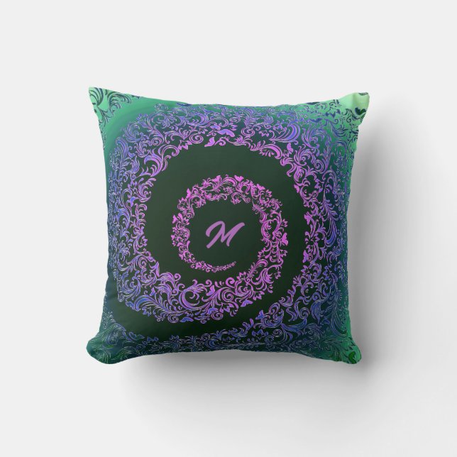 Elegant Green & Purple Damask Monogram Cushion (Front)