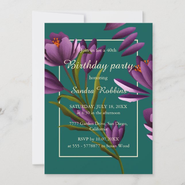 Elegant green purple flower birthday invitation (Front)