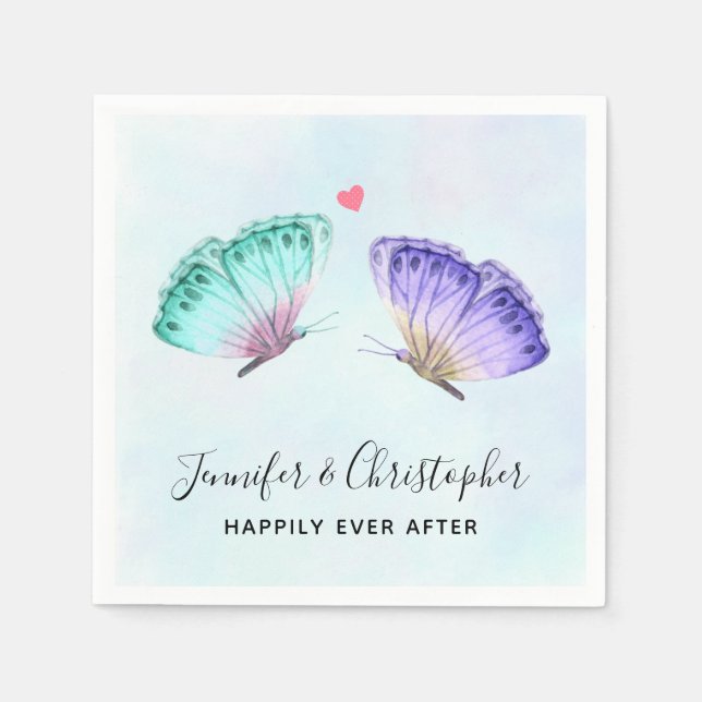 Elegant Green & Purple Watercolor Butterflies Napkin (Front)