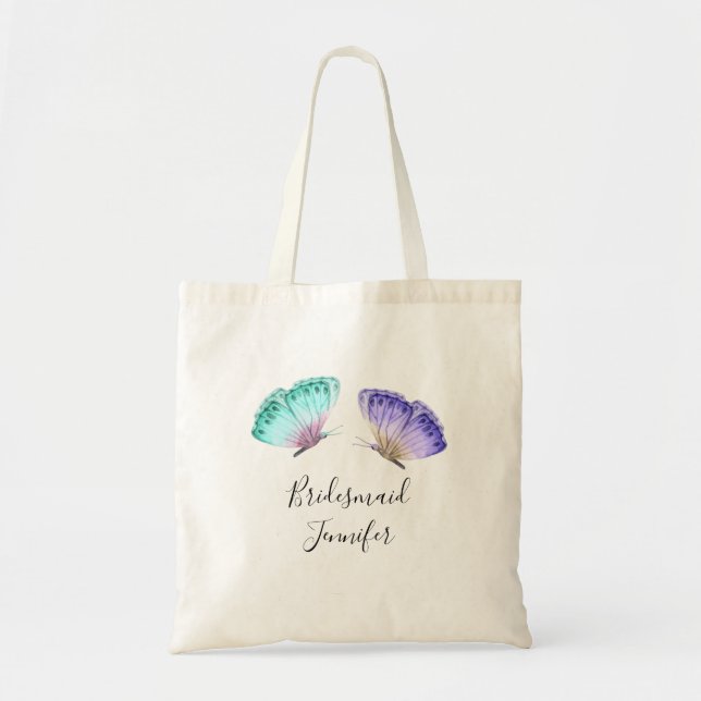 Elegant Green & Purple Watercolor Butterflies Tote Bag (Front)