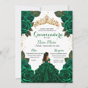 Elegant Green Quinceañera Roses Gold Glitter Invitation