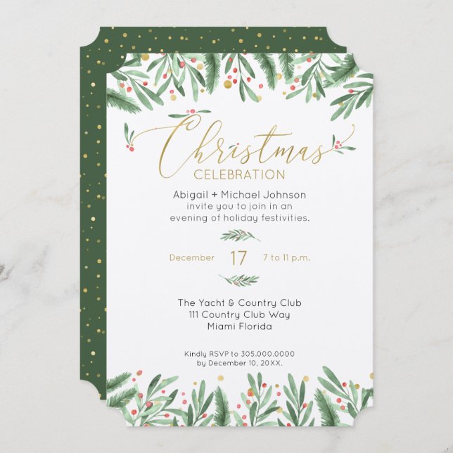 Elegant Green, Red, and Gold Christmas Party Invitation (Front/Back)