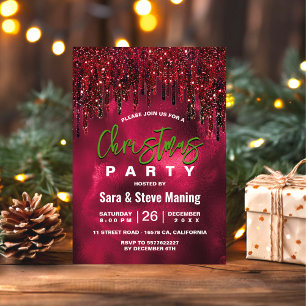 Elegant green red faux glitter drips Christmas  Invitation