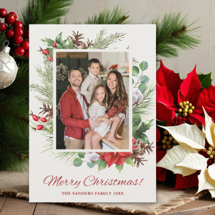 Elegant Green & Red Floral Christmas Photo Family Invitation