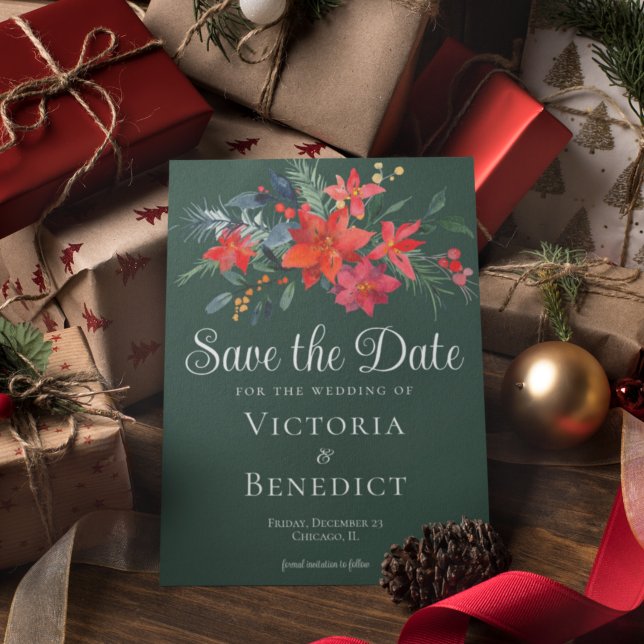 Elegant Green Red Floral Christmas Save the Date Invitation (Creator Uploaded)