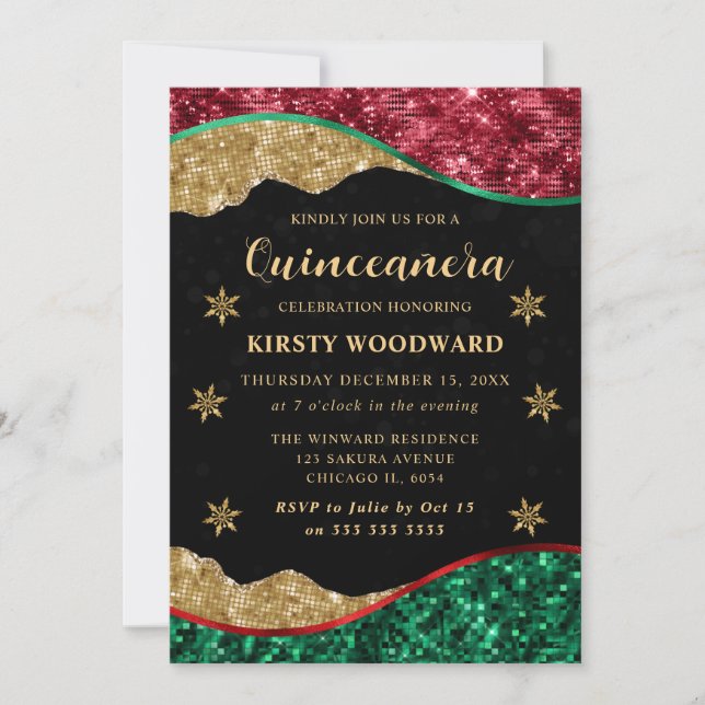 Elegant Green Red & Gold Snowflake Quinceanera Invitation (Front)