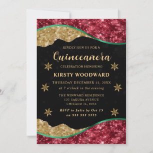 Elegant Green Red & Gold Snowflake Quinceanera Invitation