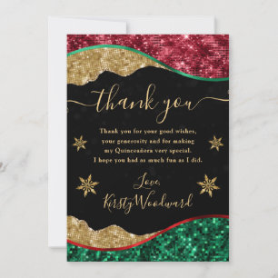 Elegant Green Red & Gold Snowflake Quinceanera Thank You Card