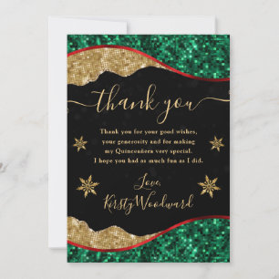 Elegant Green Red & Gold Snowflake Quinceanera Thank You Card